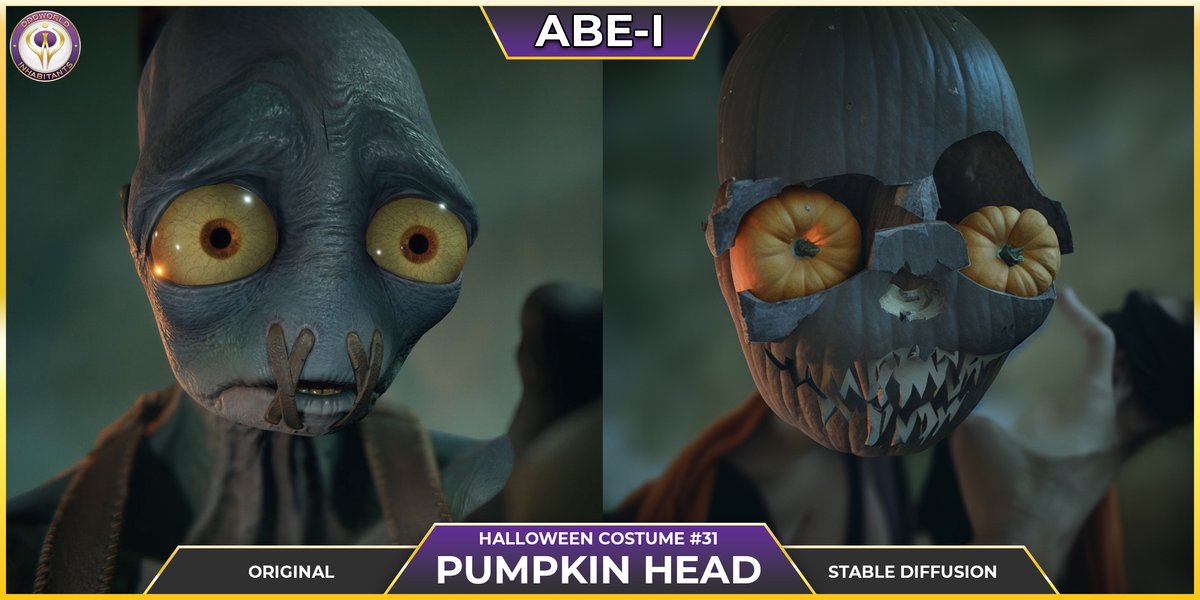 OddworldInc's tweet photo. Day 31 of #Abei
Happy Halloween, everyone. What better choice for Abe’s 31st and final #Halloween costume than the very symbol of Halloween…the humble pumpkin.
#AIart @stabilityai #madewithstablediffusion #aiartcommunity #Halloweencostume #Pumpkin #Pumpkinhead #JackOLantern https://t.co/apEI73Xern