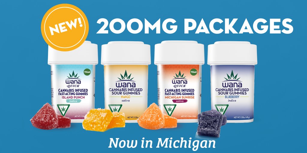 Hey MI, want more milligrams? Our vegan, gluten-free gummies now come in 200mg packages for TWENTY milligrams per piece. Kick it old school with classic Blueberry Indica or Mango Sativa Gummies, or speed things up with Wana Quick Michigan Sunrise Sativa or Island Punch Indica.
