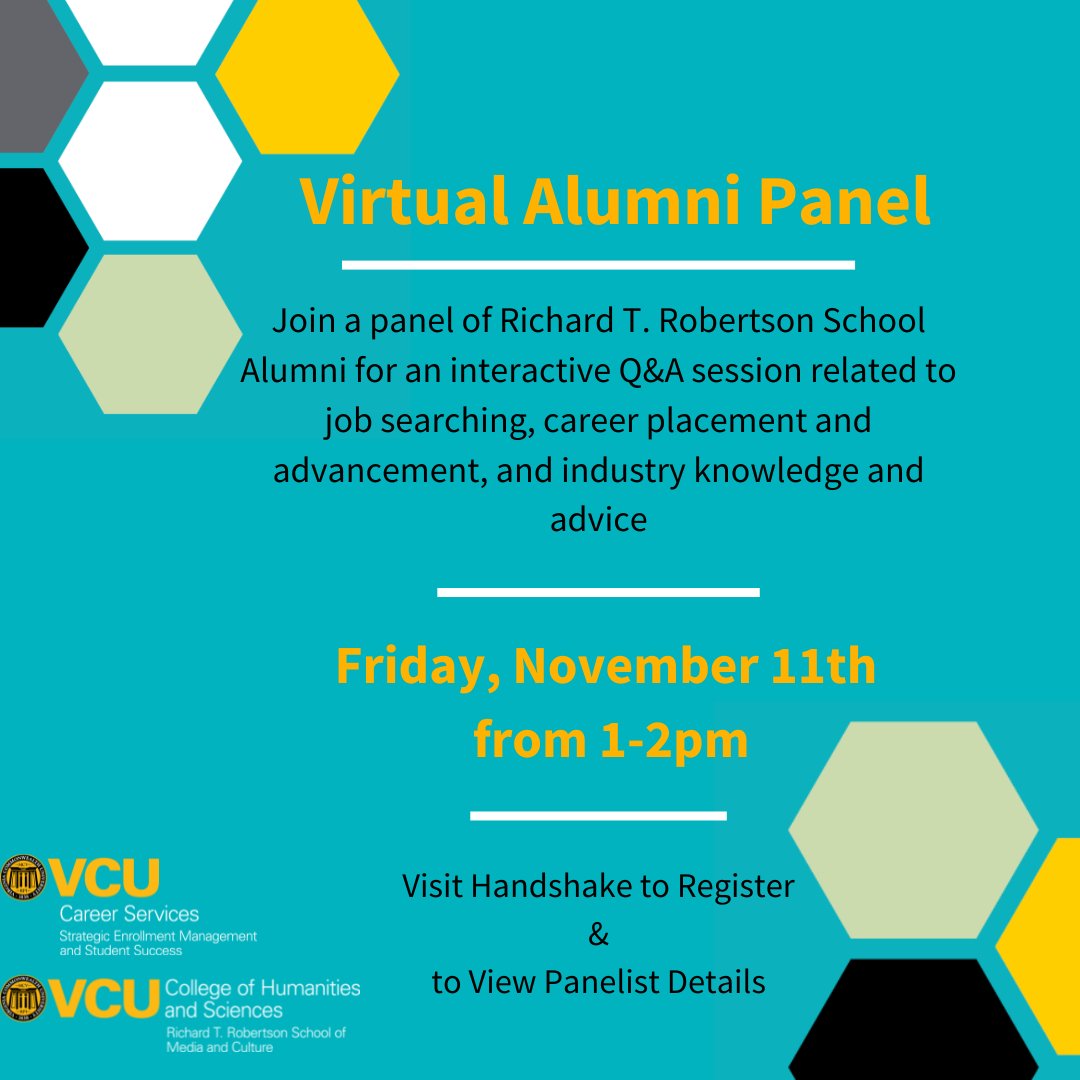 RobertsonSchool's tweet photo. Nov. 11, 1-2 p.m. Join  @judicrenshaw + @VCUCareers for a Virtual Alumni Panel featuring Robertson School Alumni Q&amp;A session on job searching, #careers, and industry experience. Open to all students! Featuring recent alums. More info: https://t.co/uObQJXupBd https://t.co/SIxiOou3KO
