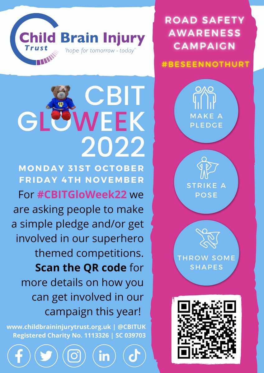 With the nights drawing in @cbituk the Child Brain Injury Trust is raising awareness of the importance of wearing bright clothes out & about & reflective gear when cycling especially in the dark. Find out more: childbraininjurytrust.org.uk/campaigns/glow… #BeSeenNotHurt #CBITGLOWEEK