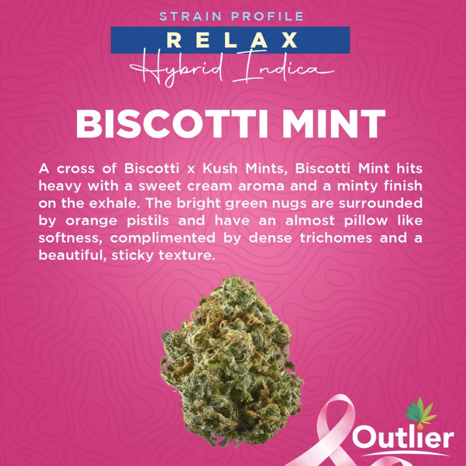 OutlierCan's tweet photo. Have you tried the Biscotti Mintz 😍😍 

This Hybrid Indica strain is sure to relax all the muscles in your body and make you feel at ease 🔄
For the month of October $100 from every purchase will be donated to the Jamaica Cancer Society.

#CannabisCommunity #OutlierJA #Pinktober https://t.co/zhBAN2IyqA