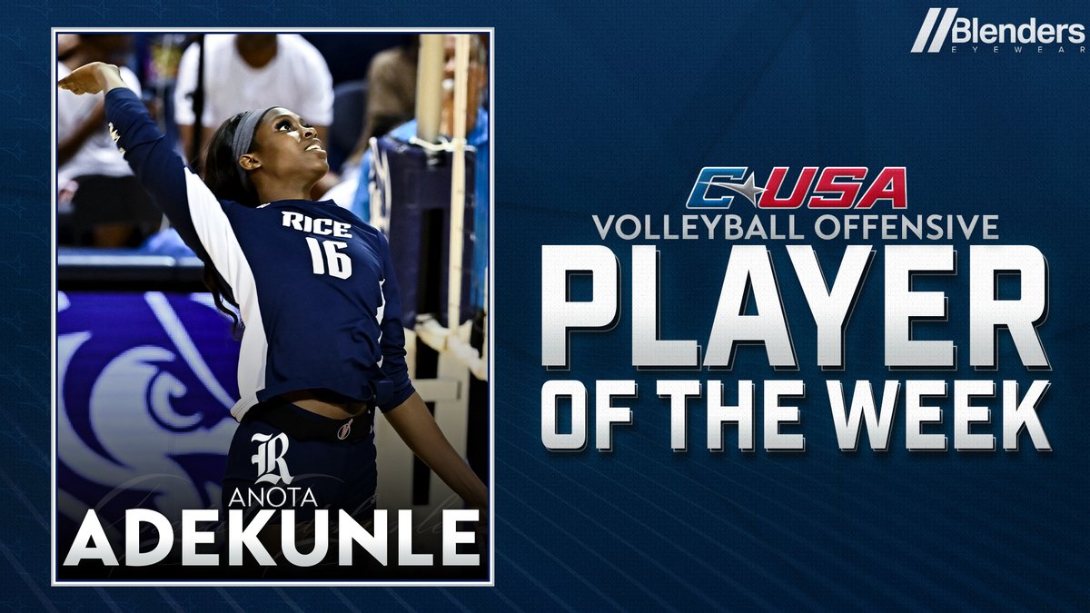 🏐 𝗣𝗹𝗮𝘆𝗲𝗿 𝗼𝗳 𝘁𝗵𝗲 𝗪𝗲𝗲𝗸 🏐

<a href="/RiceVolleyball/">Rice Volleyball</a>’s Anota Adekunle (<a href="/Anota_Michelle/">Anota</a>) is the #CUSAVB Offensive Player of the Week presented by <a href="/BlendersEyewear/">Blenders //</a>!

🏅3️⃣ | bit.ly/3zvMtaS