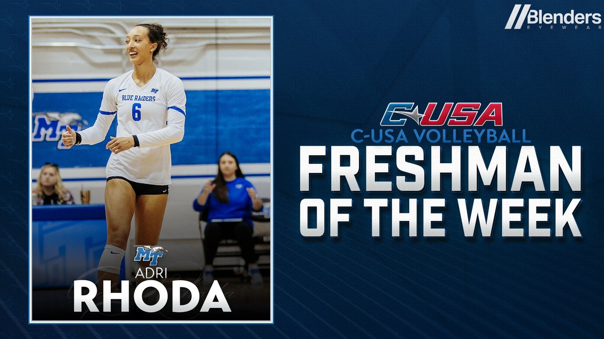 🏐 𝗣𝗹𝗮𝘆𝗲𝗿 𝗼𝗳 𝘁𝗵𝗲 𝗪𝗲𝗲𝗸 🏐 @MT_Volleyball’s Adri Rhoda (@adrianarhoda) is the #CUSAVB Freshman of the Week presented by @BlendersEyewear! 🏅5️⃣ | bit.ly/3zvMtaS