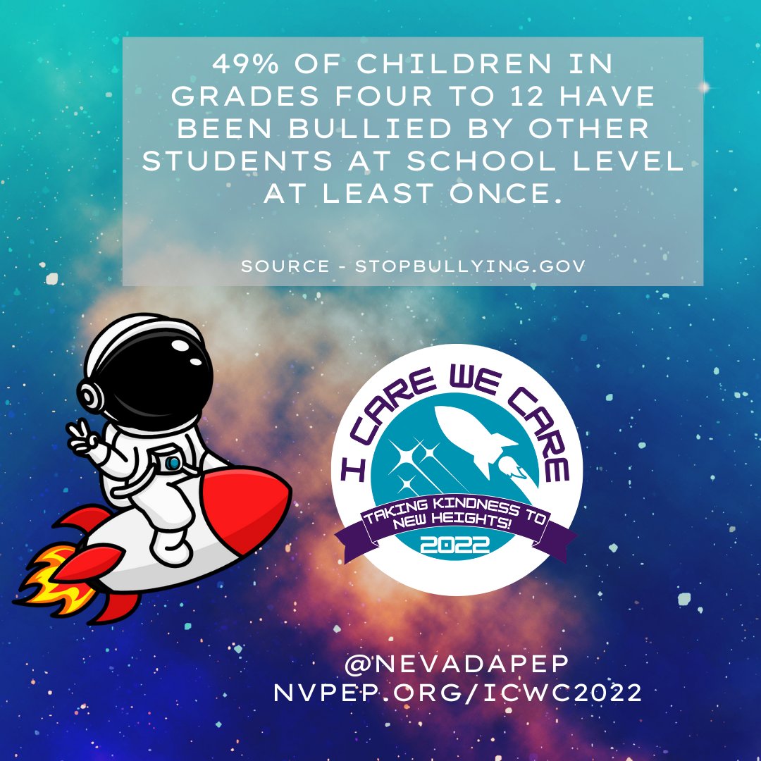 NevadaPEP's tweet image. 49% of children in grades four to 12 have been bullied by other students at school level at least once.

Learn more about what you can do to prevent bullying at NevadaPEP.org/ICWC2022

#ICWC2022 #BullyingPrevention #ChooseKindness #NevadaPEP