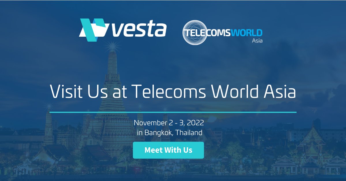 We're excited to announce that Vesta will be exhibiting at the upcoming <a href="/TelcoWorldAsia/">telecomsworldasia</a> event on November 2-3 in Bangkok, Thailand.  Visit Vesta's booth C19 on the show floor! Learn more here: bit.ly/3CT4uRE

 #telecomsworldasia#chargeahead #vestaio