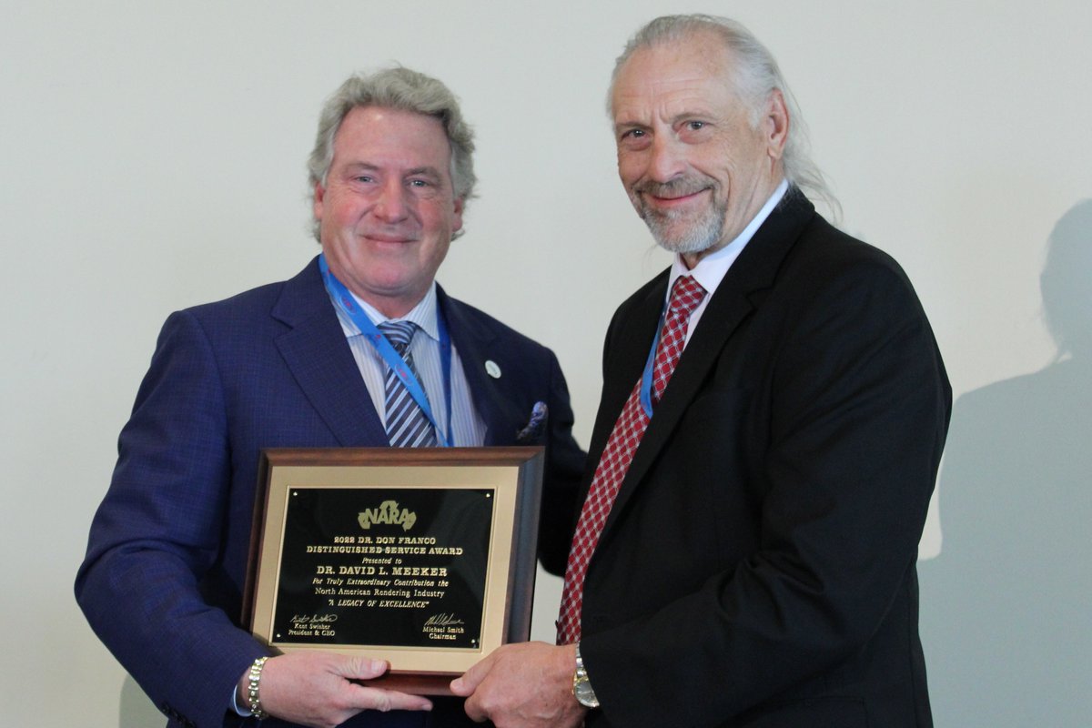 Congratulations to NARA's Dr. David Meeker, longtime senior vice president of scientific services, for being named the Don Franco Distinguished Service Award winner for 2022. He is presented the honor here by NARA President Mike Smith. Meeker is retiring at the end of the year.