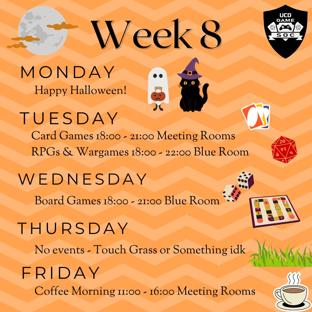 Happy Halloween and Welcome to Week 8! Come along to our events this week!

#ucdsocieties
UCD Societies