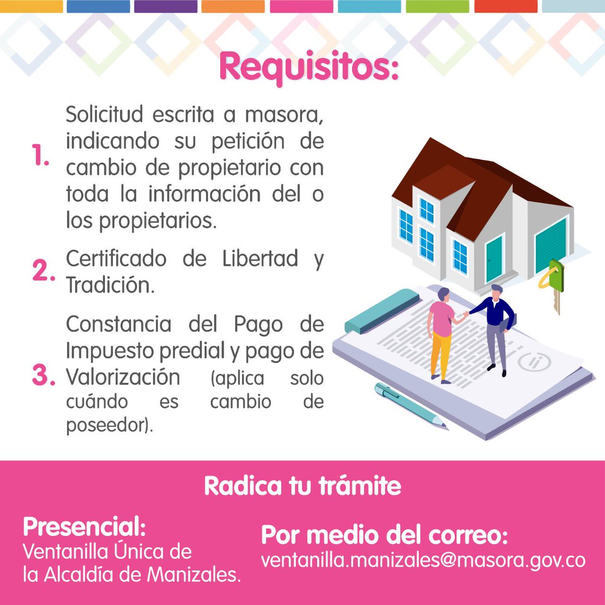MasoraManizales's tweet photo. Conoce aquí cómo realizar el cambio de propietario o poseedor de tu predio 👆🏻

Debes registrar todos los cambios que realices en tu predio para que se vean reflejados en la base Catastral del Municipio. 

#TrámitesCatastrales 
#GestorCatastral https://t.co/utUPNRqJ9V