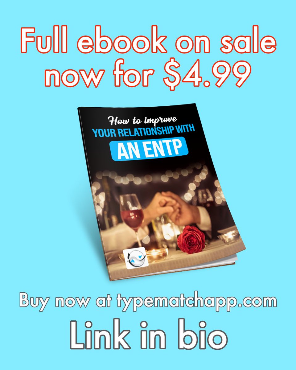 typematch_'s tweet image. Full ebooks for the 16 personality types on sale now for $4.99 on the TypeMatch website. Link: typematchapp.com/relationship-b…

#entp #entppersonality #entpproblems #entprelatable #entps #entpmemes #personality #mbti #myersbriggs #16personalities