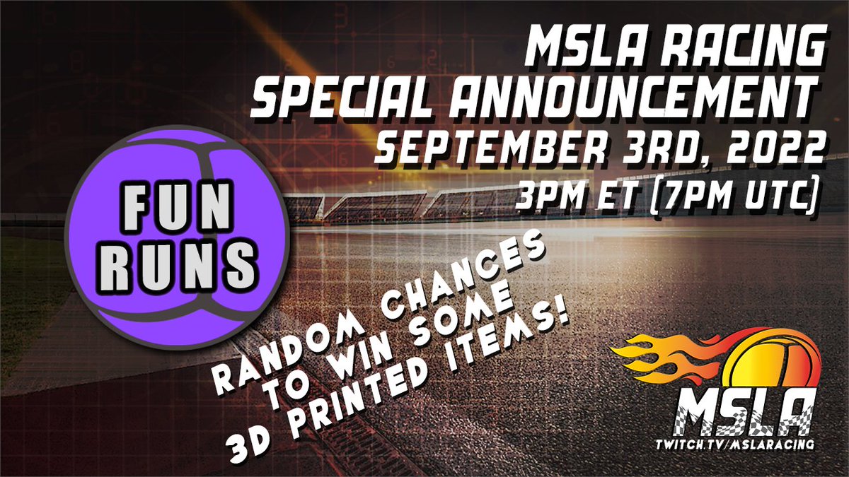 Tune in Wednesday November 2nd at 7pm ET for a MSLA Racing Special Announcement and also the announcement of the next race! You won't want to miss it as there will also be chances to win some 3D printed items! 

#MSLA #MarblesOnStream #SpecialAnnouncement #TheFuture #3dprinting