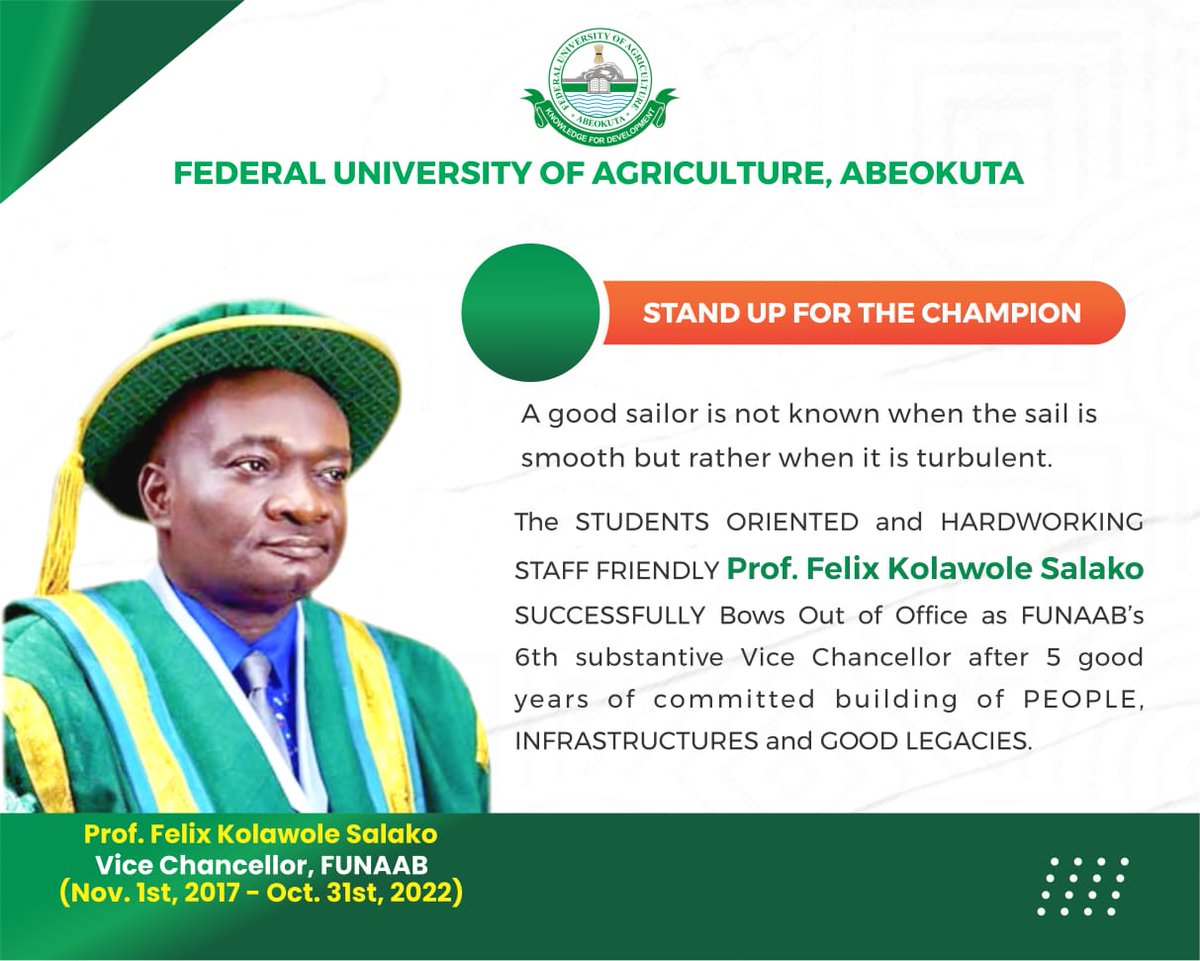 After five years, Prof. Felix Kolawole Salako bows out as FUNAAB Vice Chancellor.