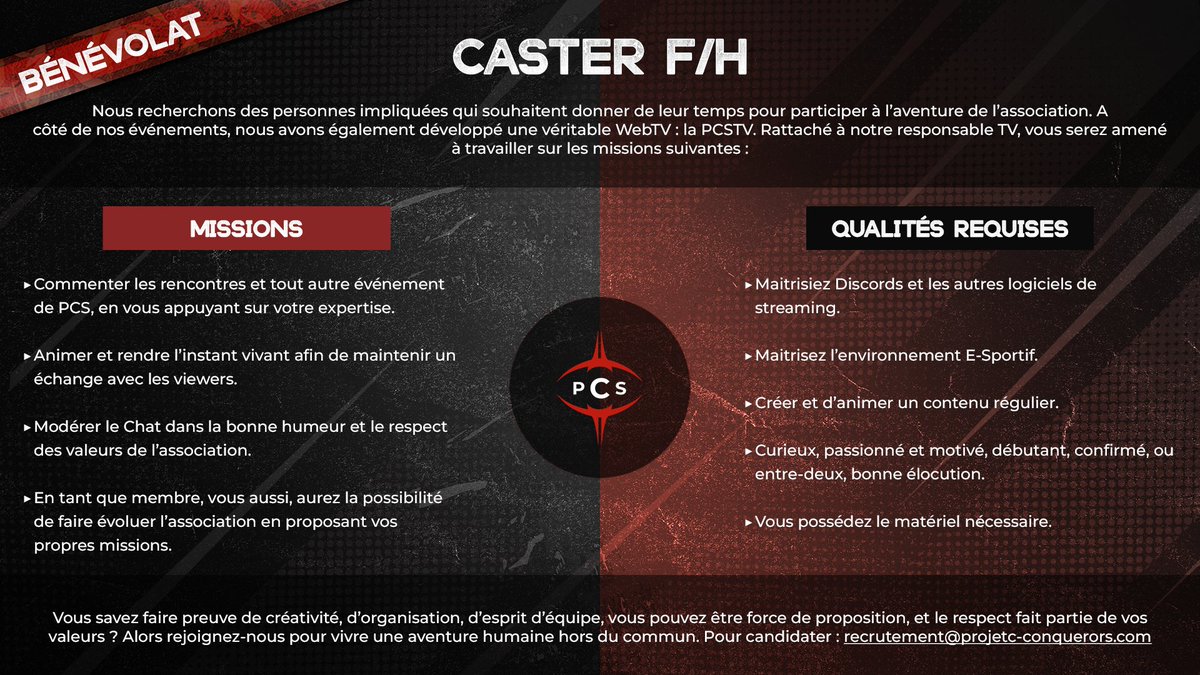🔴| RECRUTEMENT |⚫

🎙️Pour animer nos prochaines compétitions, nous recherchons des casters !

➡️Peu importe votre jeu, vous pouvez postuler en envoyant un mail à recrutement@project-conquerors.com

#Bénévolat #Stream #PCSFAMILY ❤️🖤