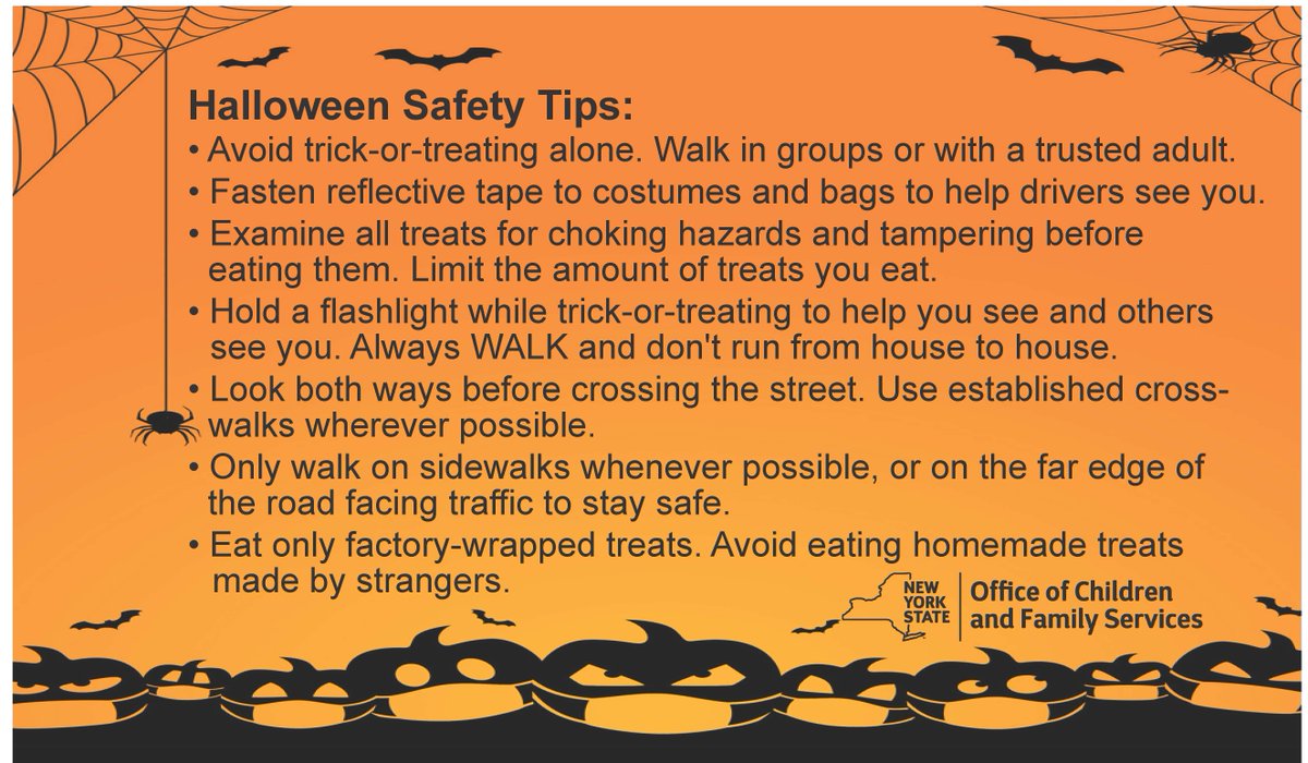 NYSOCFS's tweet photo. Stay safe this spooky season! Here are a few tips to help Trick-or-Treaters have a safe and Happy Halloween! #SafetyFirst #Halloween2022 #BeSafeBeSeen https://t.co/QkPBzfMiaM