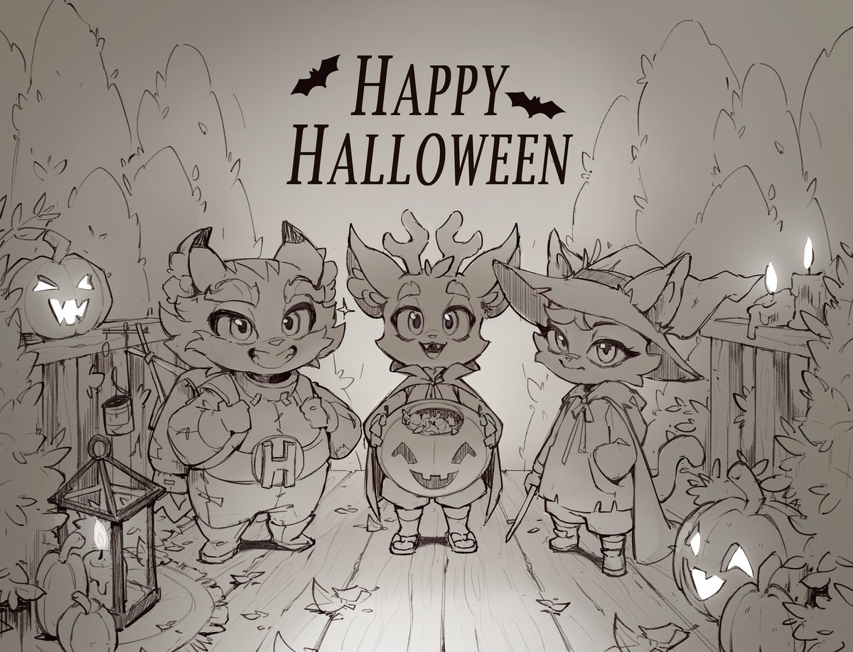 Sketch art of Luka, Rolo, and Beck from Beacon Pines, standing on a porch surrounded by leaves, candles, and jack o'lanterns. Rolo is dressed in a Hank Atomic spacesuit, Beck is dressed as a witch and holding a stick, and Luka is dressed as a vampire and holding a pumpkin-shaped candy bucket. The words "Happy Halloween" are printed above.