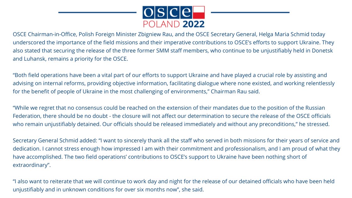 Following the lack of consensus to extend the mandates of the @OSCE_SMM and the Project Co-ordinator in Ukraine, due to the position of the Russian Federation, the @OSCE is closing these two field operations today. Read the full press release: osce.org/chairmanship/5…