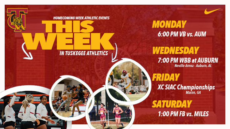 Tuskegee family, we have a week full of athletic events during homecoming week at home and nearby. Come support your Golden Tigers this week‼️ @TuskegeeVB @tuskegee_WBB @SkegeeFootball #TheStandard #TuskegeeAthletics #TuskegeeXC