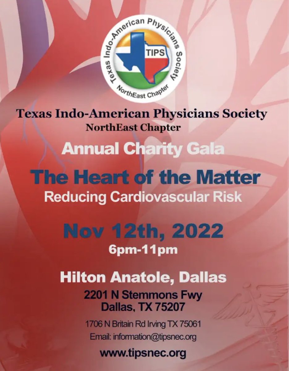 The Texas Indo-American Physicians Society Northeast Chapter presents the Annual Charity Gala: The Heart of the Matter: Reducing Cardiovascular Risk on Saturday November 12 at 6pm at the Hilton Anatole in Dallas. Visit Tipsnec.org for more information!!!