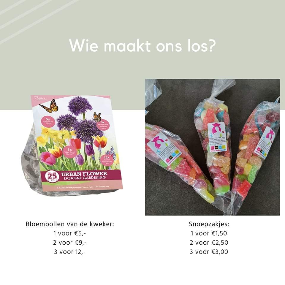 Pas geleden stonden wij op een markt. Door het slechte weer zijn wij met wat bloembollen en snoepzakjes blijven zitten! 

Maakt u ons los?

Dinsdag en donderdag zijn wij van 1900 uur tot 2100 uur aanwezig aan de Dorrestraat 1 in Deventer. 

Betalen kan contant en met tikkie!👊