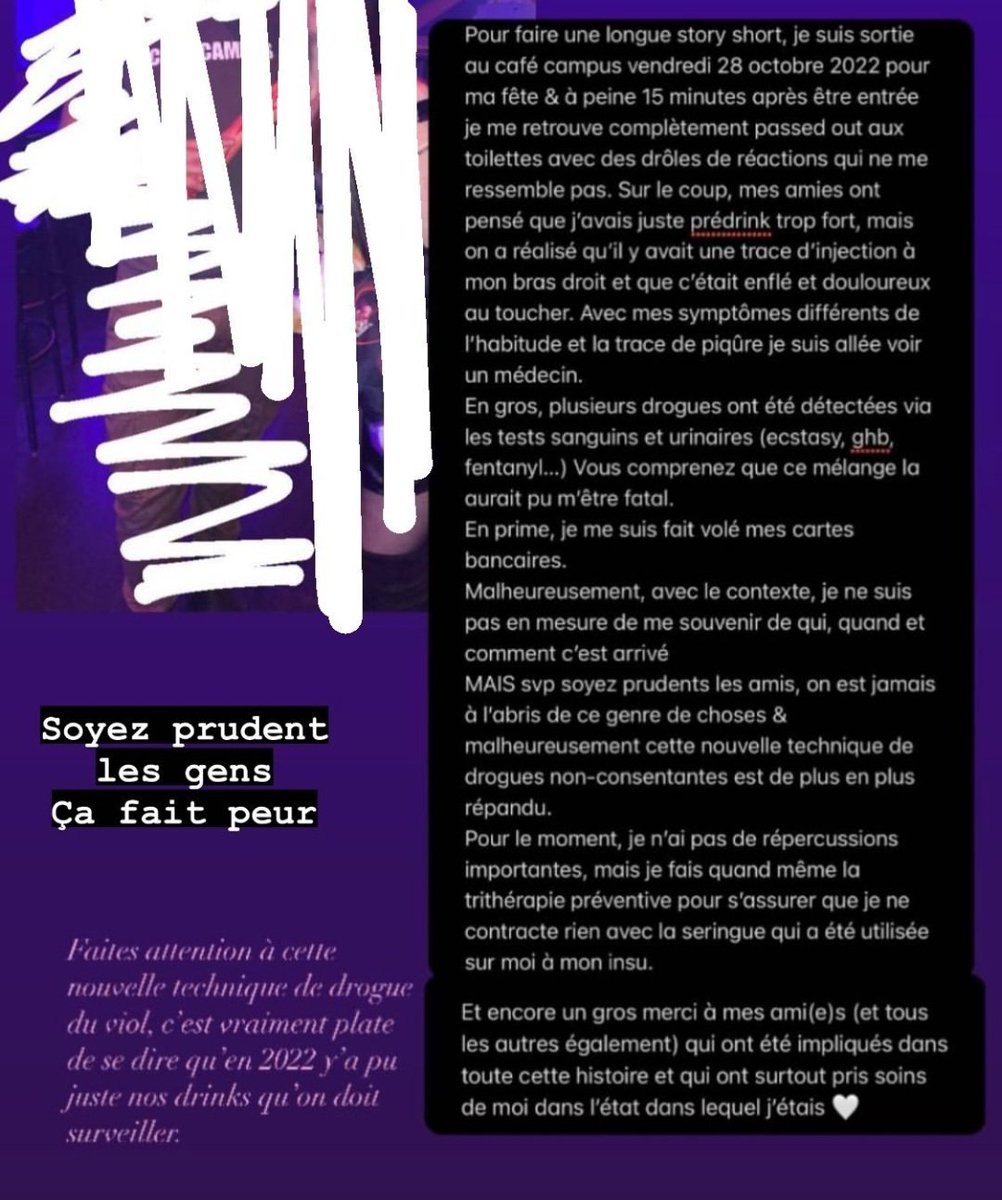 NRJ_2000's tweet photo. C'est arrivé à l'amie de mon gars.

Soyez très prudente les filles quand vous sortez !

Et si vous êtes témoins d'un tel acte, svp dénoncez.

Personne ne devrait avoir à vivre cela.
Ça n'a juste pas de sens.

Je pense que ça vaut la peine de partager à un maximum de personnes ! https://t.co/a2fFQ9Dmpr