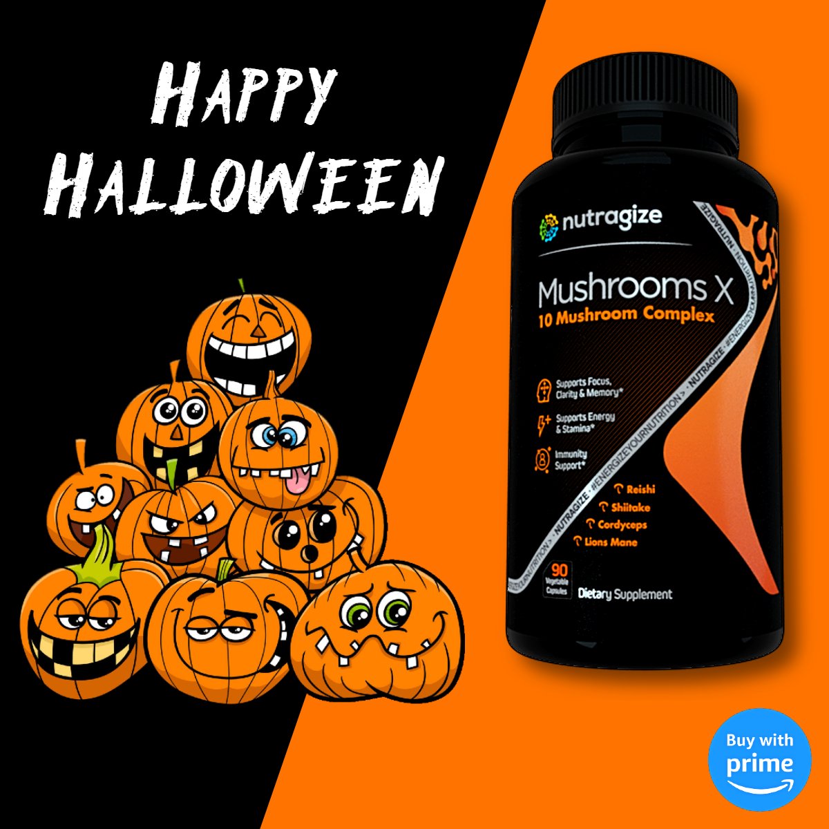 nutragize's tweet photo. Happy Halloween!

Mushrooms X is a superfood complex of nature’s 10 most potent mushrooms for memory, energy &amp; immune health. Experience the Power of 10 Mushrooms!

Order Today at https://t.co/6sqp4G7DiB

Buy with Prime allows Amazon Prime Members to Receive Fast, Free Shipping! https://t.co/N43wvI97RL