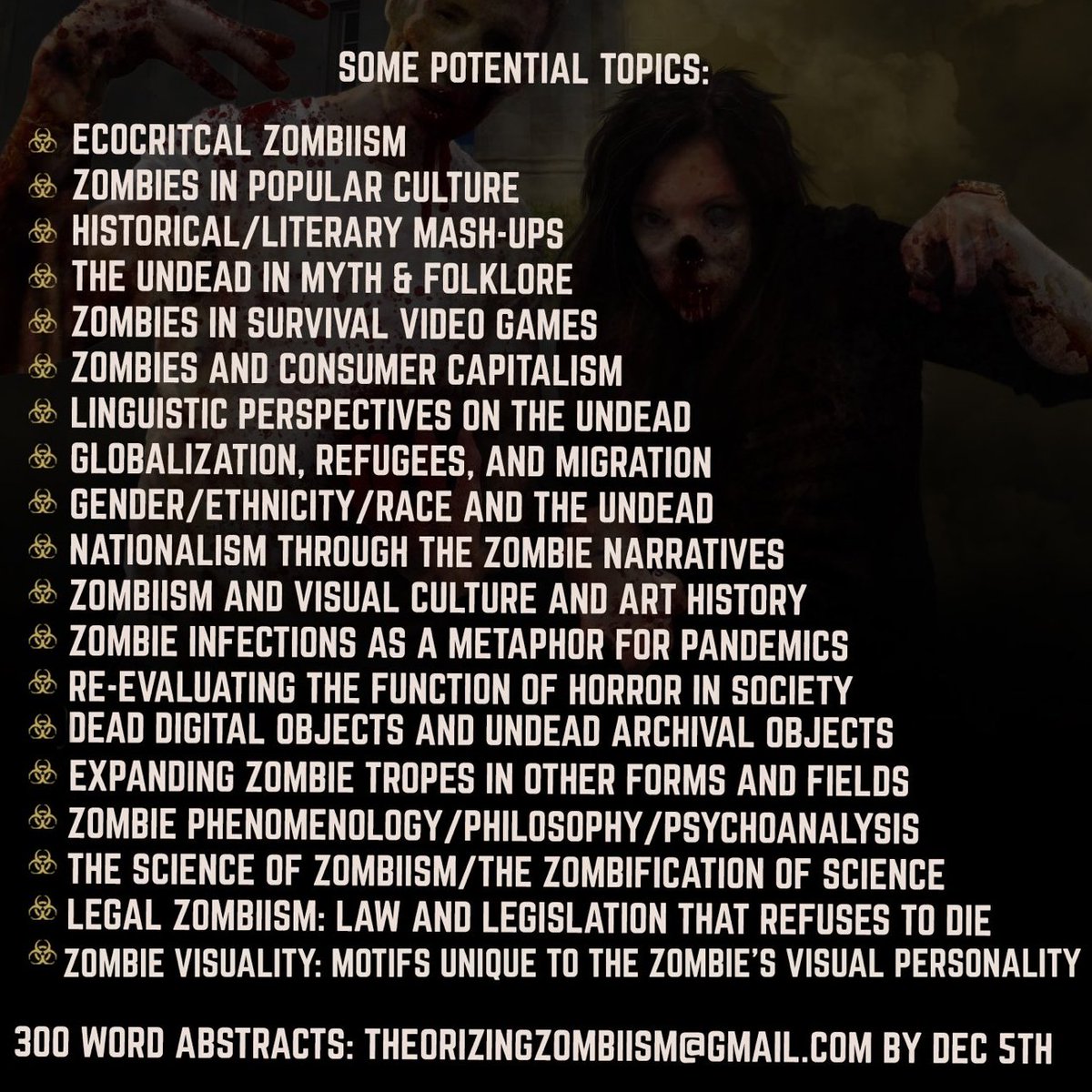 PoppyWilde's tweet photo. A Halloween reminder for #ZombieStudies scholars, fans, creators, and makers! See attached CFP in images (with alt text) for @zombie_studies 2023 Halloween conference @UlsterUni organised by @Vic_McC and @PhysCstudy. Hoping to rep @MyBCU @bcumedia with a collab with @WillJC18! https://t.co/7QX88friZT