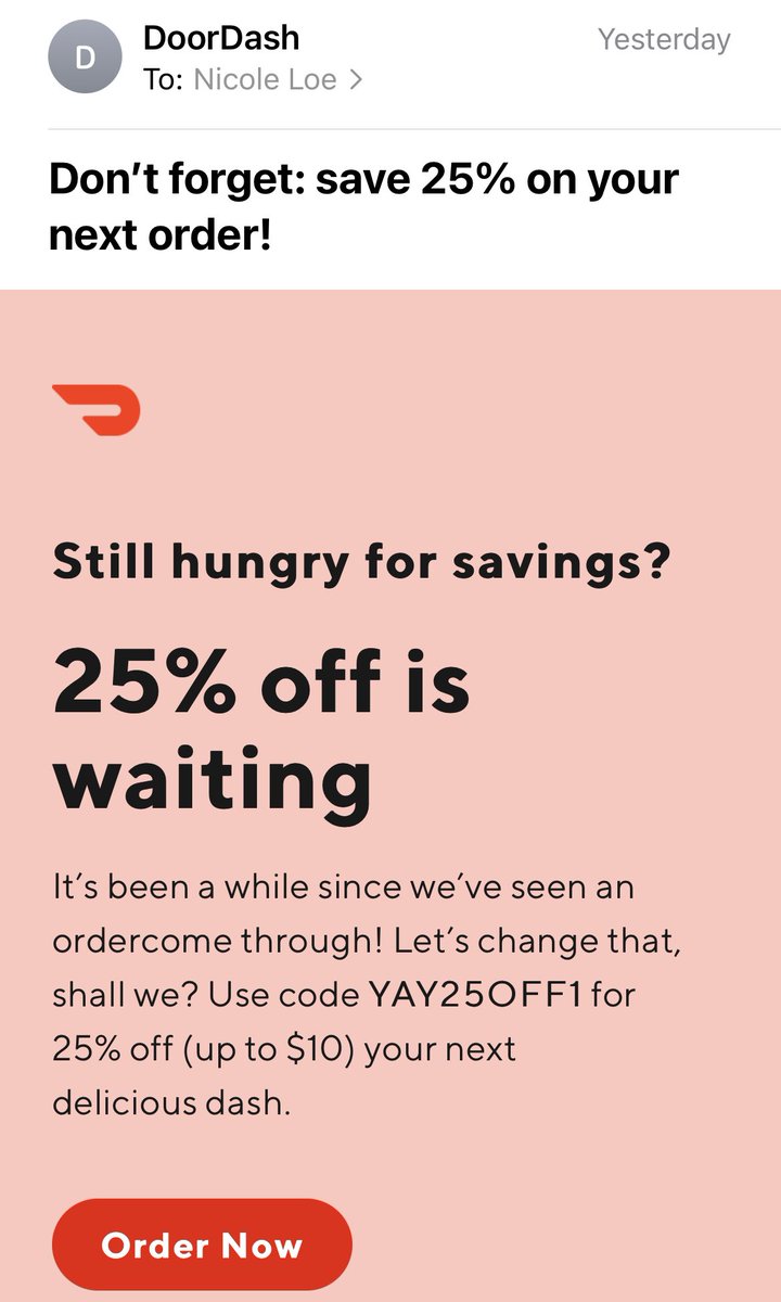 NicoleLoe's tweet photo. Hey @DoorDash_Help - I got a push notification and an email telling me about a promo code I could use for 25% off my order, but then when I tried using it, it said my account was ineligible. How can I use it? (Expires 11/10/22) https://t.co/v6eRBbc65P