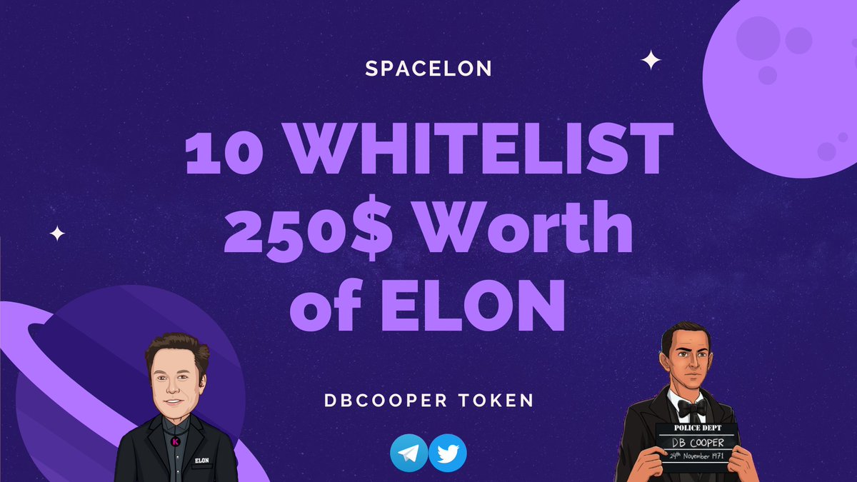 ‼️ #GiveawayAlert ‼️

Prizes 🏆

🔥 $250 worth of ELON

⚡️ x10 #Whitelist Spots

Must ❗️

1️⃣ Like ❤️ + RT 🔁 +Tag 3

2️⃣ Follow 
<a href="/spacelon_kda/">Spacelon Token</a>
 + 
<a href="/DBCOOPERTOKEN/">DBCOOPER Token</a> 

3️⃣ join t.me/Spacelon_kda

⏳ 72 hrs.