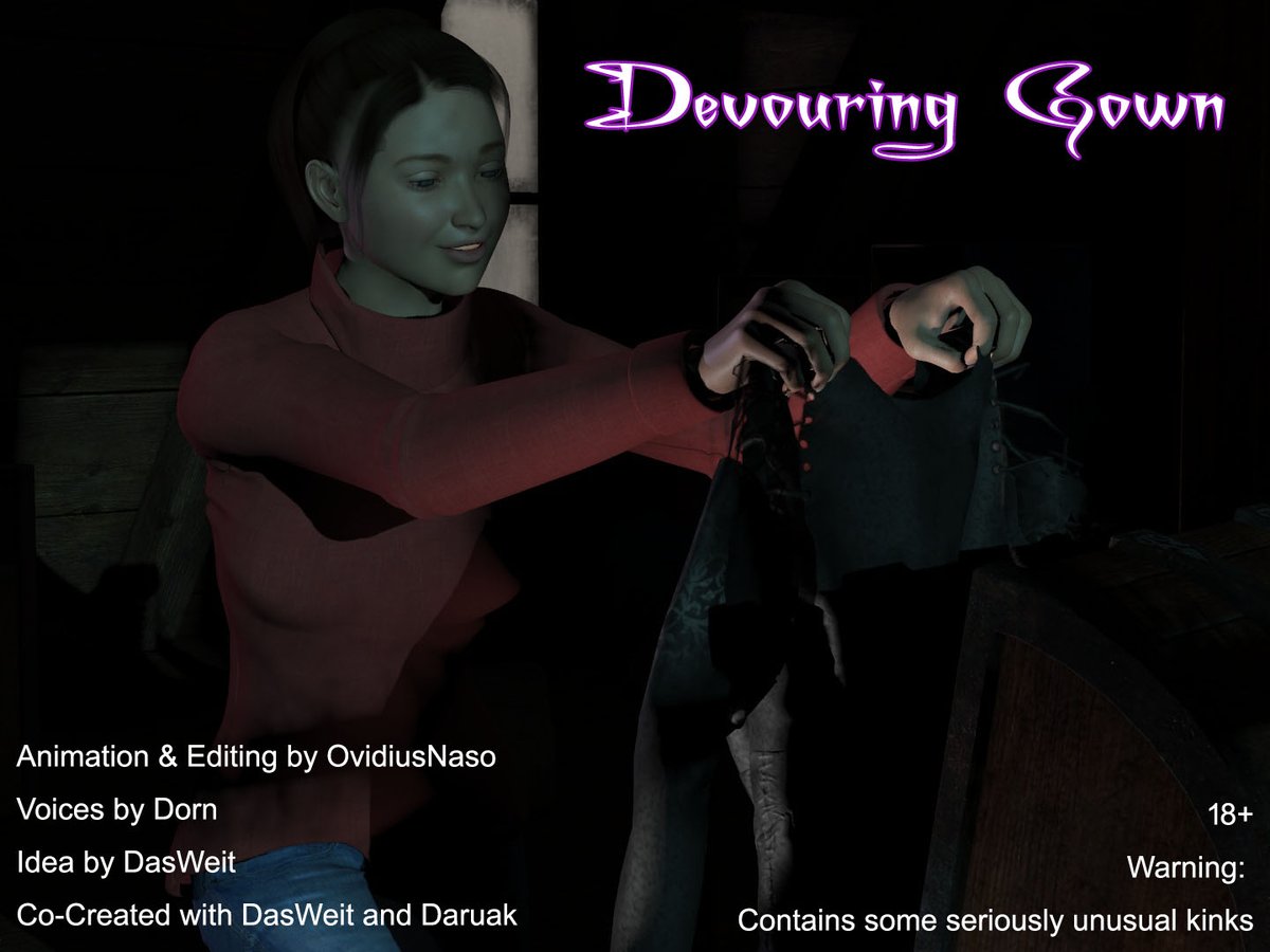 Happy Halloween 2022!
Devouring Gown
Mega: bit.ly/3DPSnqg
Voices: <a href="/DornVa/">DornVA</a> 
Co-Creators: DasWeit &amp; Daruak

On Halloween night, sorority pledge Josie is locked in an abandoned house as a hazing ritual. What she finds in the attic is going to change her life in a BIG way!