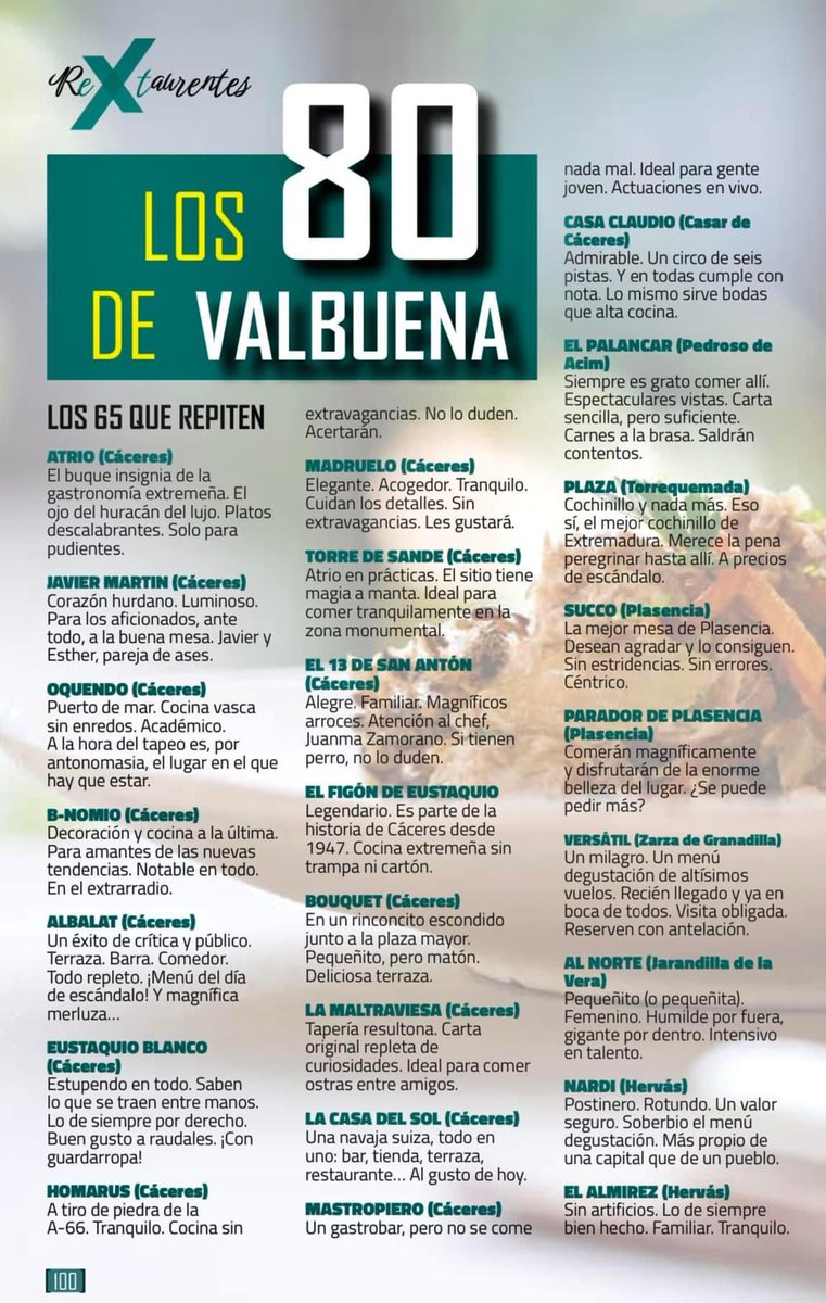 PacoCastanares's tweet photo. Los 80 (Mejores Restaurantes Extremeños) de Fernando Valbuena.
Estos son. Háganle caso que este hombre de esto entiende… https://t.co/EI46tYOiH0