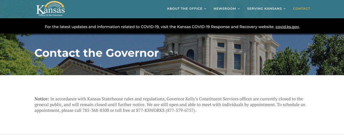 LATEST: The website for Kansas Democrat @GovLauraKelly falsely informed the public that her offices were closed for the past SIX MONTHS until a series of inquiries from the Daily Caller. (1/6) thread: