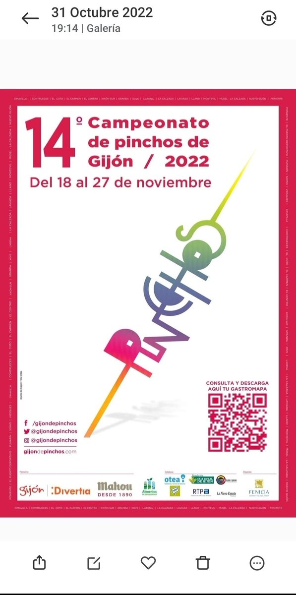 Y terminamos el mes con alegría, porque del 18-27 de Noviembre será la XIV edición <a href="/gijondepinchos/">gijondepinchos</a> 
Si estáis interesados en participar ya tenéis el reglamento en gijondepinchos.com 
Estamos deseando recibir las propuestas y probarlas con las 🍺 patrocinadoras de <a href="/mahou_es/">Mahou</a>