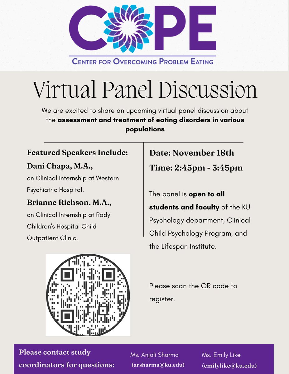 KU_Psych's tweet photo. Join us Fri, Nov. 18 at 2:45 for a virtual panel discussion re: the assmnt &amp; treatment of eating disorders in varying pops. The panel is open to all students &amp; faculty of the KU Dept. of Psychology, Clinical Child Psychology Program, &amp; the Lifespan Institute. #UniversityofKSPsych https://t.co/dbckNilXEh