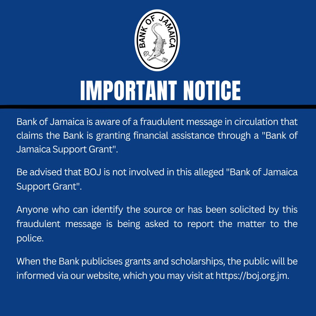 Please be advised of this important notice from Bank of Jamaica. #BoJSpeaks