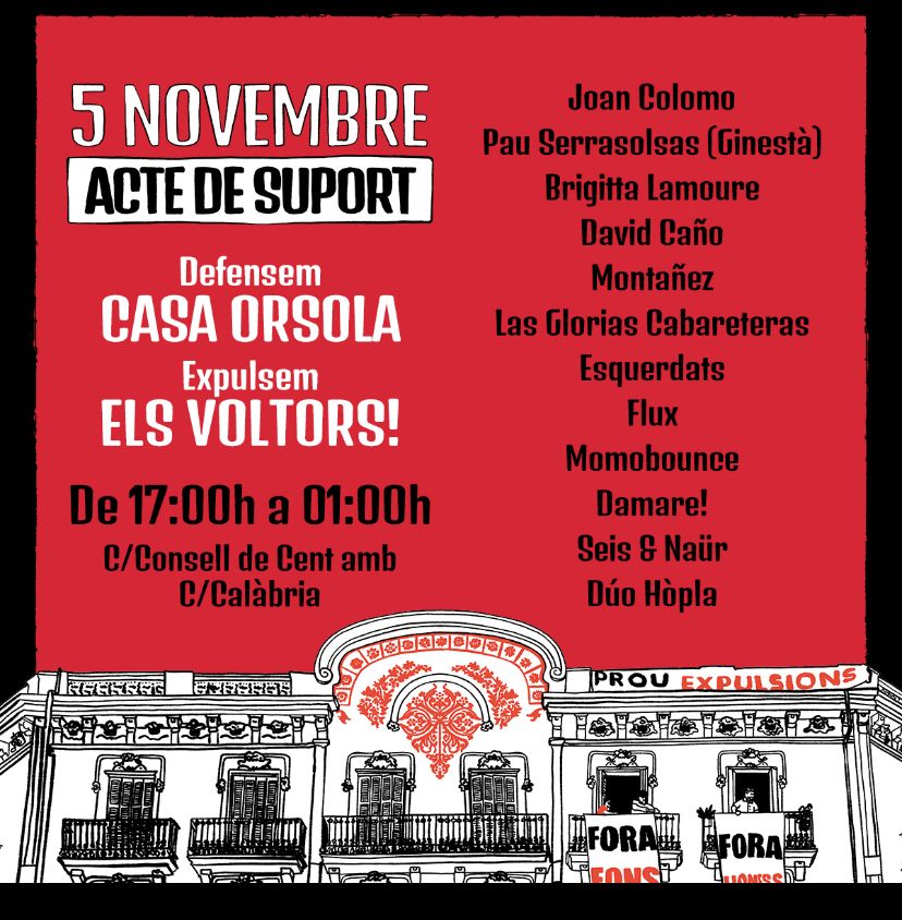 Joan Colomo, Pau Serrasolas (Ginestà), Brigitta Lamoure, David Caño, Montañez, Las Glorias Cabareteras... i molts más artistes de primer nivell seran a l'escenari del #5nambcasaorsola
🏛️ Aquest dissabte
🗓️De 17h a 01h
📍A Calàbria amb Consell de Cent
Us hi esperem!
