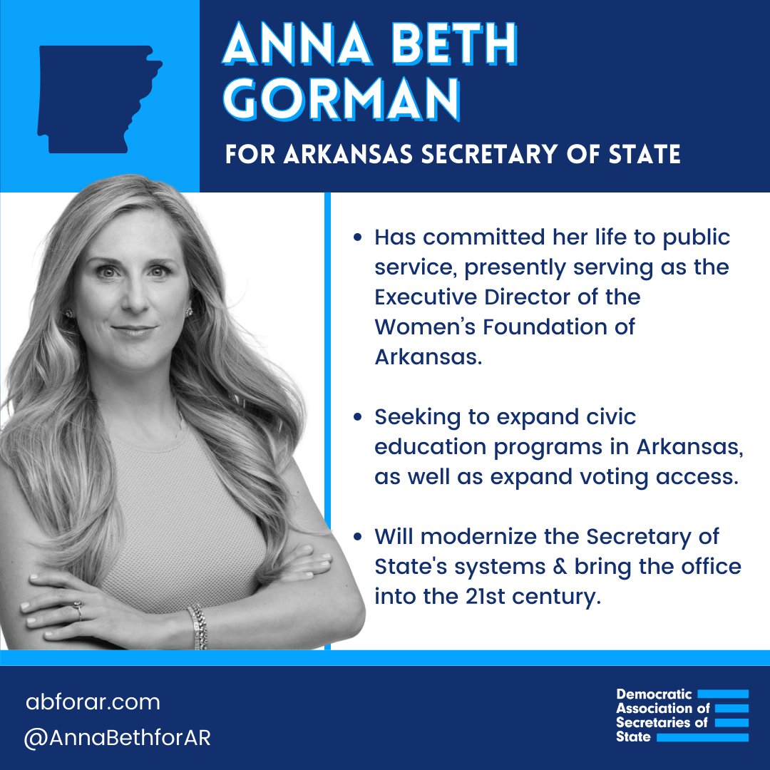 DemsOfState's tweet photo. #Arkansas @AnnaBethforAR has a history of public service. She will work to ensure small business owners have the resources they deserve while working to expand voting rights and modernize the SOS office. https://t.co/XKCKmnB5Tk