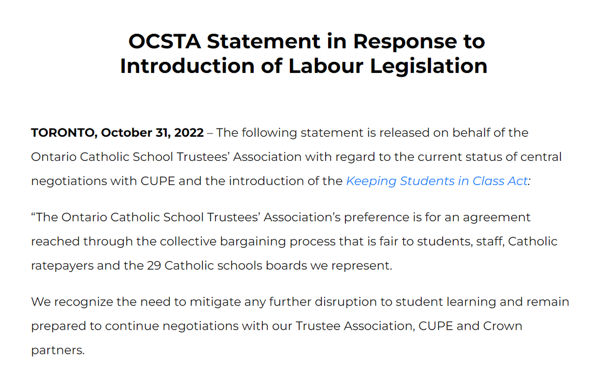 CatholicEdu's tweet photo. “OCSTA's preference is for an agreement reached through the collective bargaining process that is fair to students, staff, Catholic ratepayers and the 29 Catholic schools boards we represent..." full statement: https://t.co/l5mzr9GZtT #onted https://t.co/Lof49IdzLp