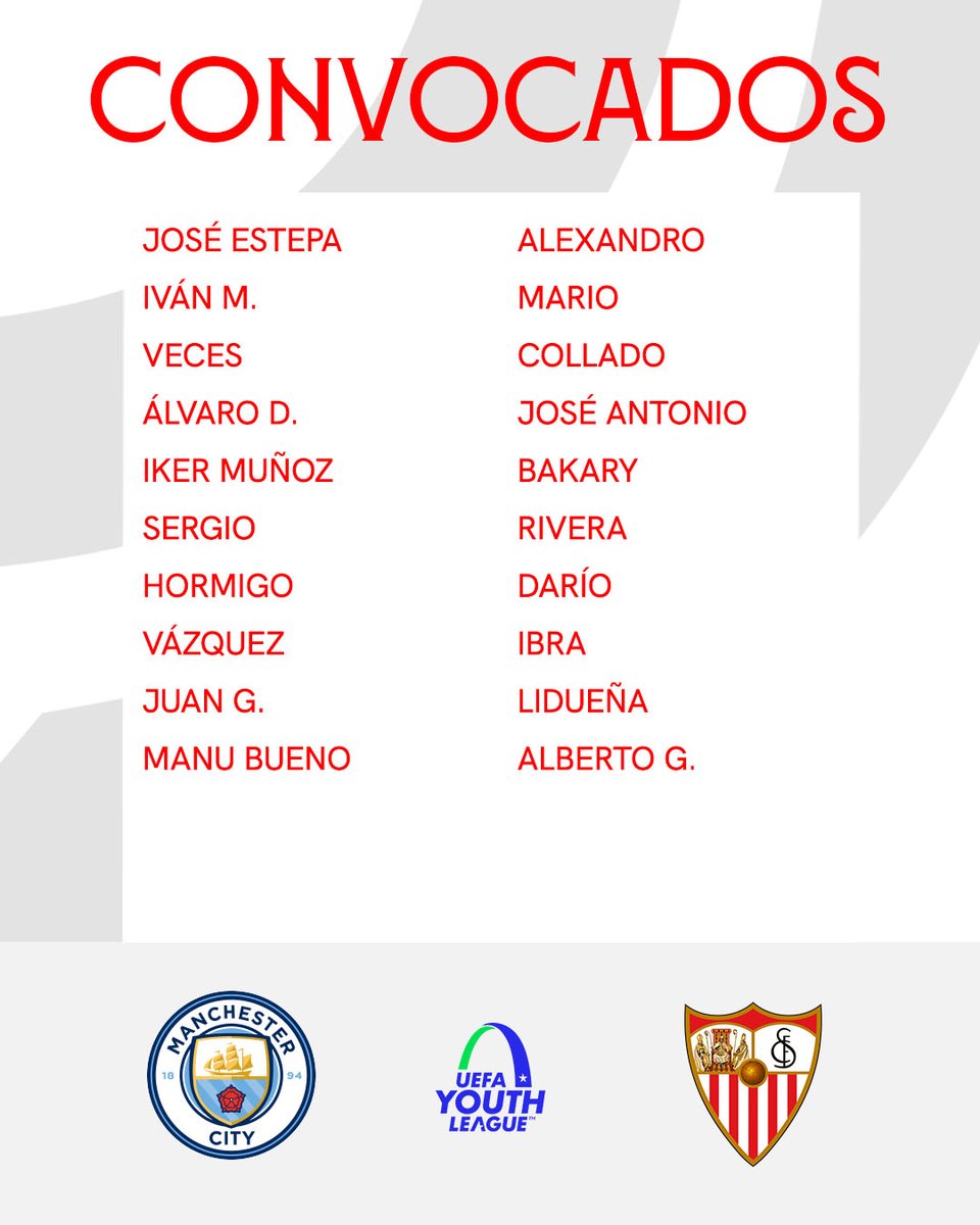 CONVOCADOS | Esta es la convocatoria del #SevillaFCJuvA para la última jornada en la fase de grupos de la @UEFAYouthLeague en Manchester. 🛫⚽️⚪️🔴

#UYL #CanteraSevillaFC