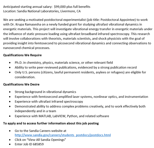 RT @KRamasesha: Still looking to fill an opening for postdoc position in ultrafast vibrational dynamics in my group @SandiaLabs! See details in the image below. To apply, sandia.gov/careers/studen…, job ID 685859. Questions? Contact me.
Please RT! #ChemPost…