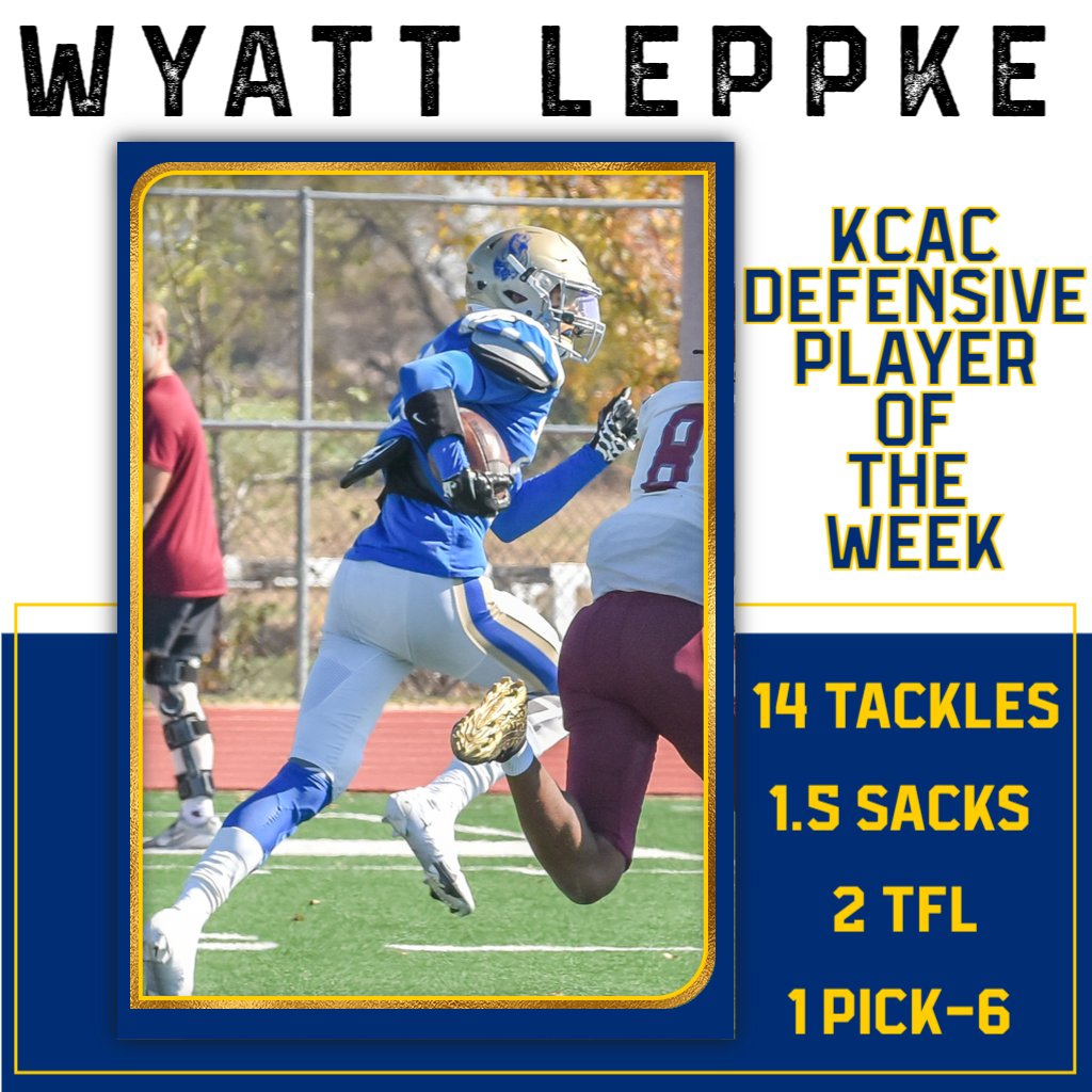Congratulations to Wyatt Leppke after being named the KCAC Defensive Player of the Week!

Leppke earns the award after a huge performance against the Threshers where he had 14 tackles, 1.5 sacks and an interception he took 43 yards for a pick-6! 

📰: kcacsports.com/article/8120