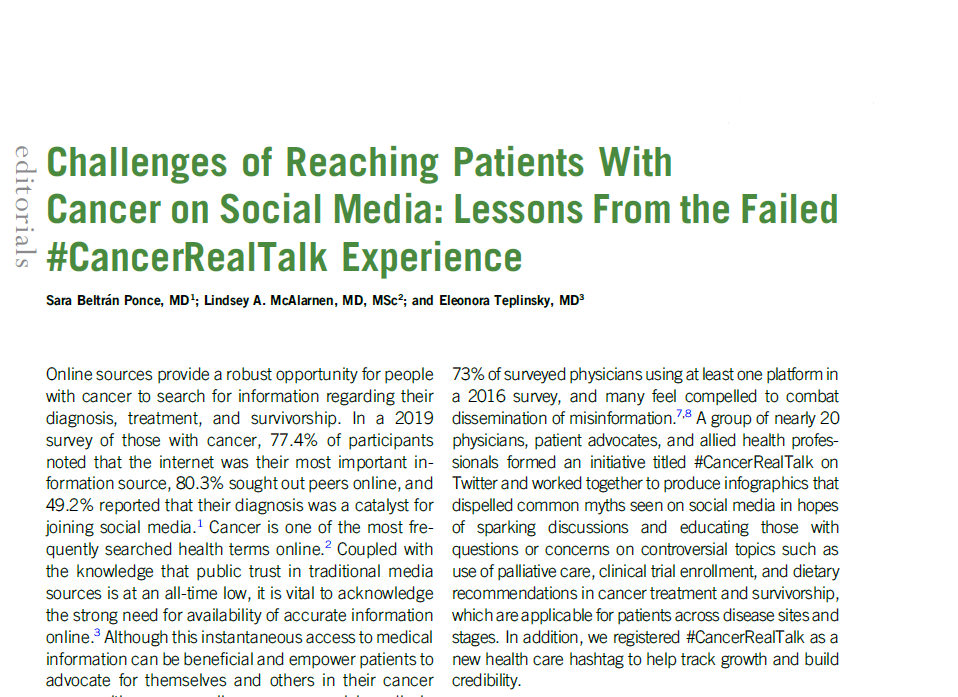 'The struggle is that, in many ways, we simply do not understand WHERE & HOW to best reach patients online. This disconnect leaves a gaping hole & a space for #misinformation to thrive. We, as physicians, are missing an opportunity to connect with pts.' ascopubs.org/doi/full/10.12…