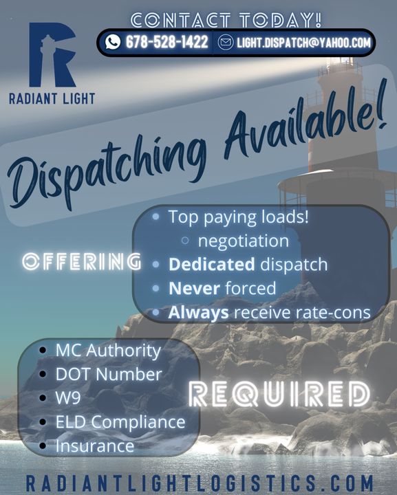 LogisticsLight's tweet image. Hey drivers! Want to work with a dispatching service that guarantees rate-cons? What if we promise to NEVER force dispatch? The team here at Radiant Light takes pride in our unmatched transparency, which allows us to provide elite service to our drivers across the nation.