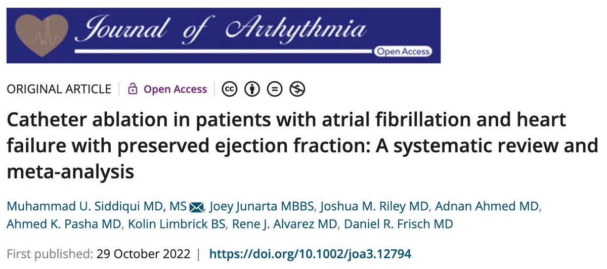 We show no difference in arrhythmia recurrence when comparing AF ablation in patients with HFpEF vs. HFrEF. Those with AF & HFpEF may benefit equally as those with AF & HFrEF. @SiddiqiUmer @JoshuaMRiley1 @FrischMd @TJHeartFellows #EPeeps #CardioTwitter onlinelibrary.wiley.com/doi/full/10.10…