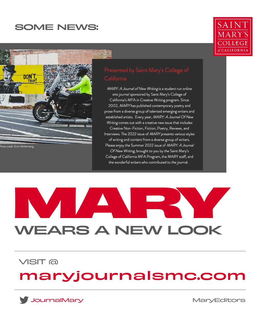 JournalMary's tweet image. We are happy to announce the release of the MARY Summer 2022 Issue! Visit maryjournalsmc.com to read these stunning poems, fiction, and nonfiction. We are so grateful to the amazing writers and artists who trusted MARY as a home for their work. 
❤️ - Editors