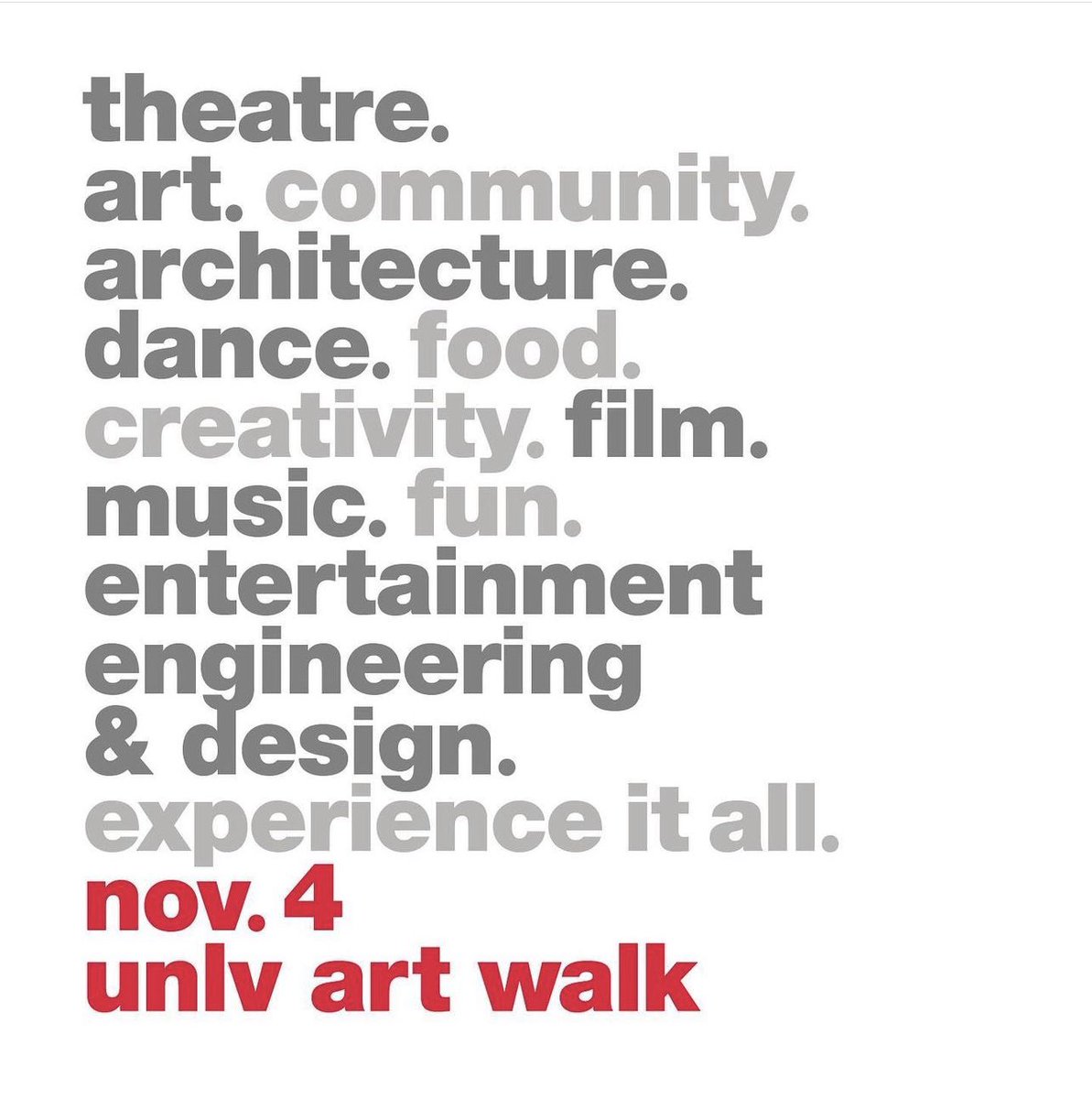It’s that time of year again! The 5th Annual <a href="/unlv/">UNLV</a> Art Walk takes place 5-9 p.m. Friday! Join us! Art exhibitions, live music and dance performances, amazing food from your favorite local restaurants, a beer garden, wine tastings! All free! Even the parking! 🎶🕺🌟 <a href="/UNLVFineArts/">UNLV Fine Arts</a>