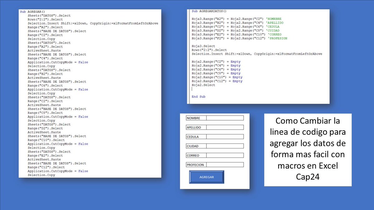 SepamosE's tweet image. Como Cambiar la linea de codigo para agregar los datos de forma mas facil con macros en Excel cap 24
#sepamosexcel #exceltutorial #excel #usarexcel #macros #grabadora #cursodeprogramacion #excelbasico #excelintermedio #excelavanzado #macro 
youtu.be/mwL_PywcMAU