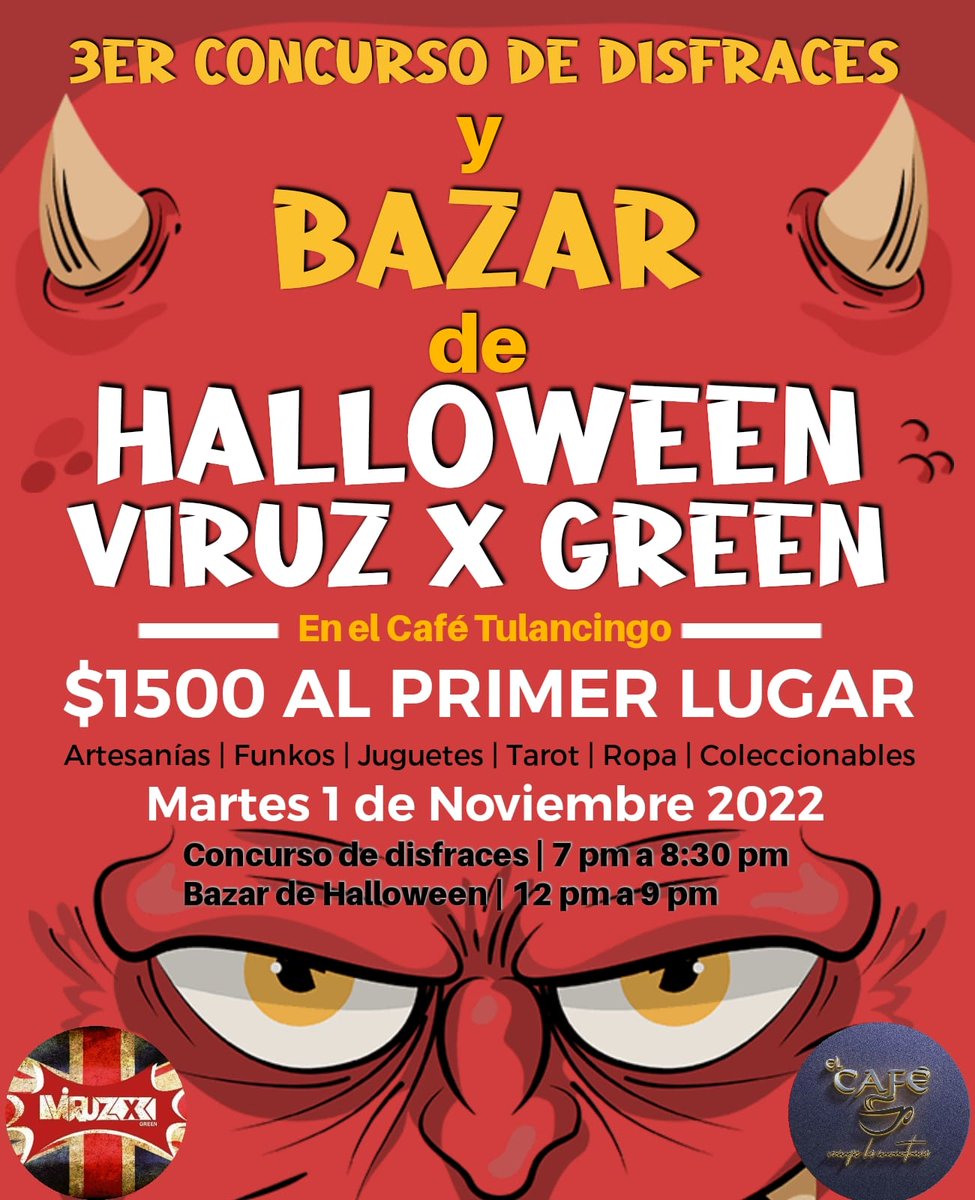Mañana tendremos nuestro concurso de disfraces y bazar. ¡Los esperamos!
Tendremos artesanías, juguetes, lectura de tarot, ropa, y muchas otras cosas más ❗❗❗en El Café Tulancingo 
Horarios 
Bazar; 12 pm a 9 pm
Concurso de disfraces: 7:30 pm