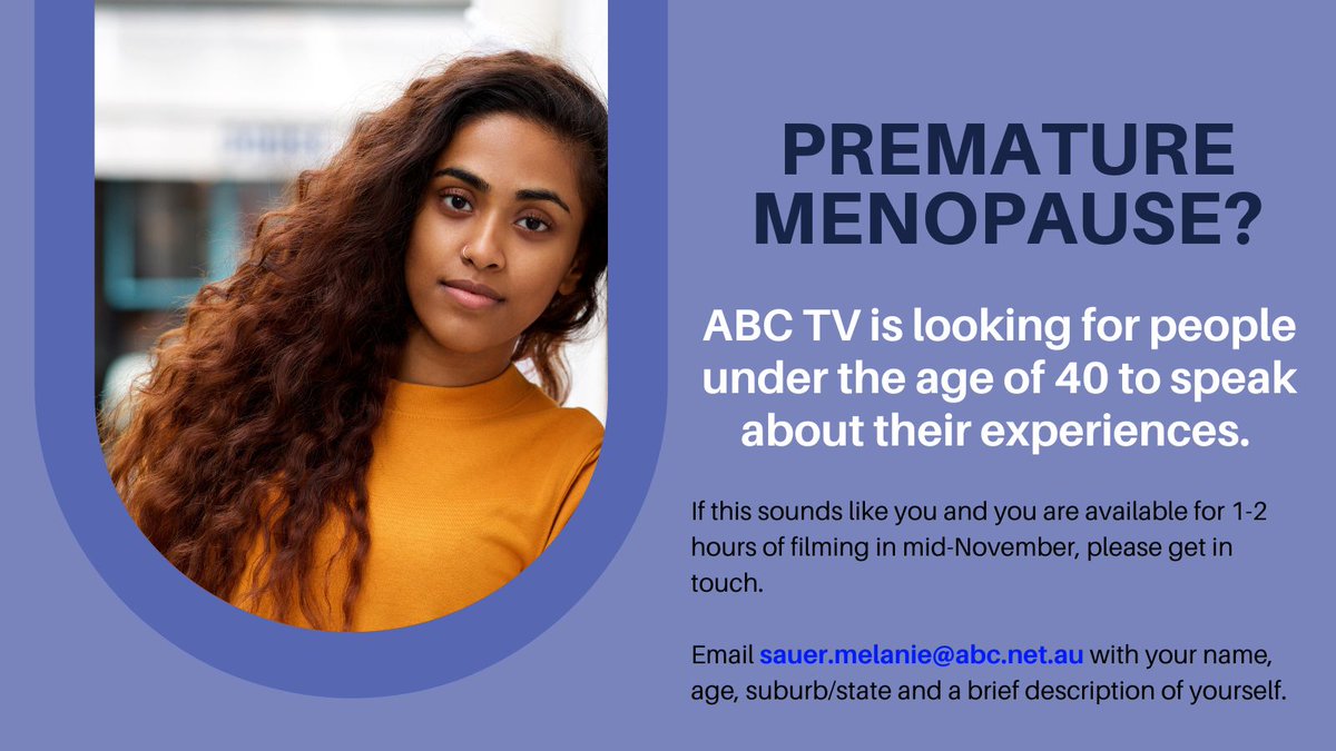 Healthtalk Australia (@healthtalkaus) on Twitter photo The ABC’s science program Catalyst is looking for people to share their experiences of premature #menopause / POI (all causes) as part of a documentary exploring the science of menopause and available treatment approaches. Filming in Nov, details below. <a href="/ABCscience/">ABC Science</a> The ABC’s science program Catalyst is looking for people to share their experiences of premature #menopause / POI (all causes) as part of a documentary exploring the science of menopause and available treatment approaches. Filming in Nov, details below. <a href="/ABCscience/">ABC Science</a>