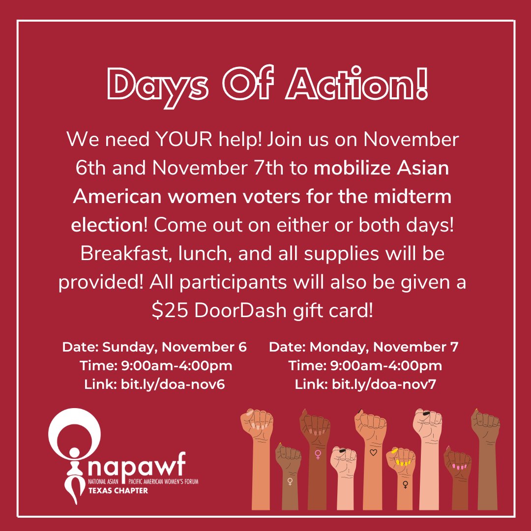 napawftexas's tweet photo. Come out on our final 2 days of canvassing for the year! There is still time to reach our AAPI communities and mobilize them to vote!!!

November 6 sign up: https://t.co/3GGgdY1g4s
November 7 sign up: https://t.co/YrxXAxaSXq https://t.co/rLIVQJ3Cnu