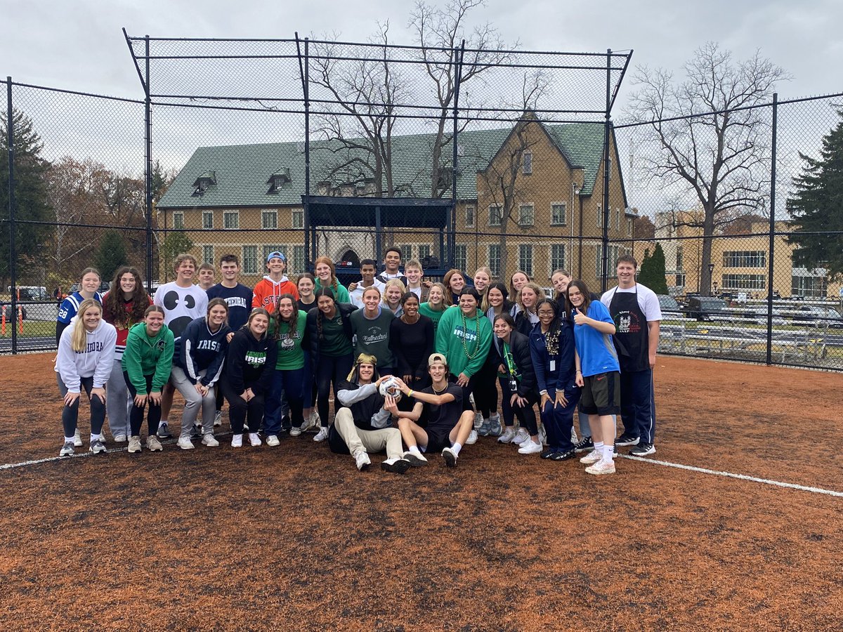 C_IrishBaseball's tweet photo. Mixed it up a bit this year! Thanks to @CathedralSoftb1 for another fun Halloween competition! Missing quite a few guys from the Fall with conflicts; less guys in costume (must be too cool for costumes, except chef and pharaoh); and crummy weather, but some quality kickball! ☘️ https://t.co/Av3I4QJNiR