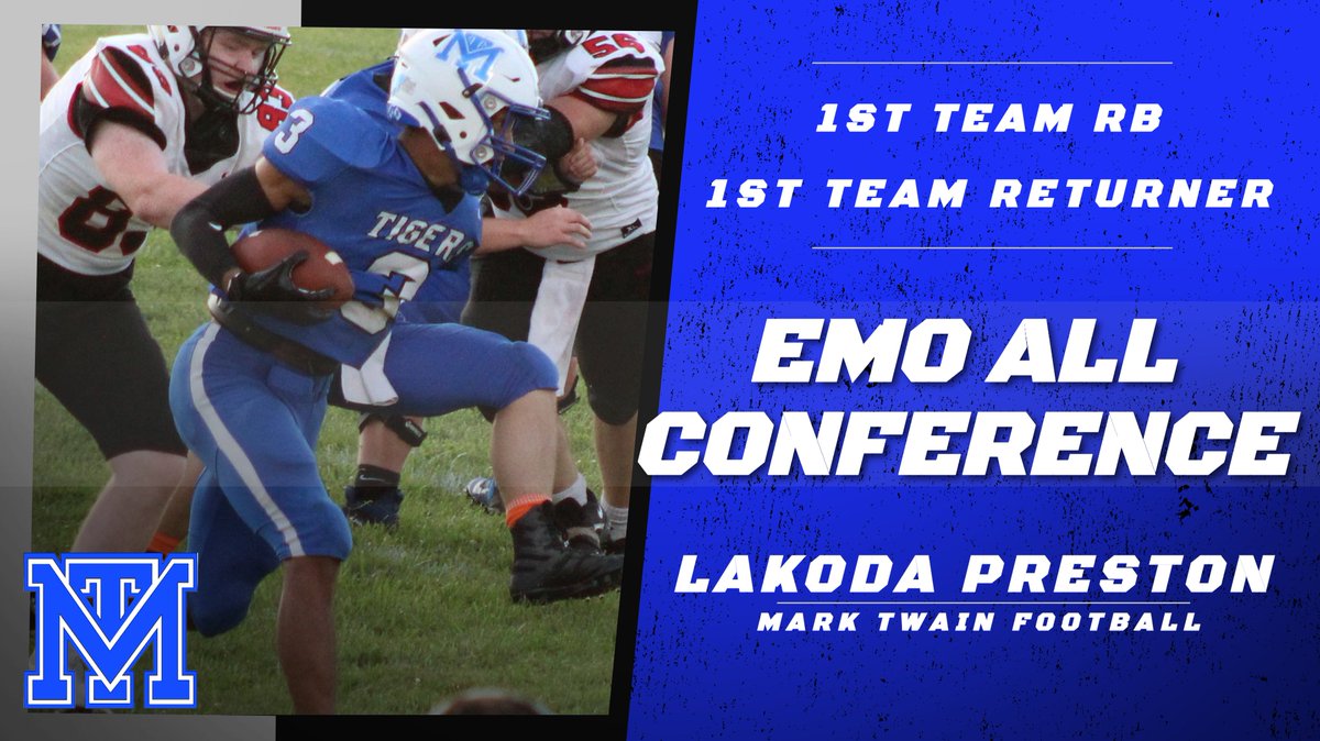 MarkTwainTigers's tweet photo. Congrats to Lakoda Preston, Clayton Turnbull, Coleman Epperson, Wyatt Evans, and Hunter Vasel for being selected to the EMO All Conference Football Team!!!
Lakoda - 1st Team RB and 1st Team Returner
Clayton - 1st Team DE and 2nd Team OL
Coleman - Unanimous 1st Team DL https://t.co/eGqi54TV35
